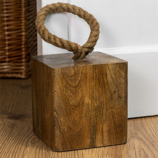 Mango Wood Doorstop | Chunky Cube Wooden Door Stop With Jute Handle - 1.4kg