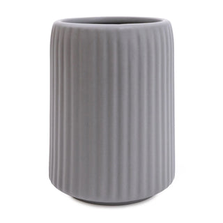 Contemporary Ridged Matt Grey Ceramic Toothbrush Holder | Bathroom Tumbler Caddy