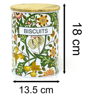 Retro Style Floral Airtight Biscuit Tin With Lid | Botanical Biscuit Barrel With Wooden Lid Metal Cookie Jar | Round Vintage Biscuit Storage Canister With Lid