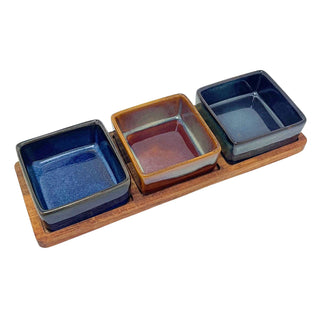 Set of 3 Square Ceramic Snack Bowls with Acacia Wood Serving Tray - 28cm