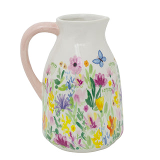 Floral Vase, 18cm Ceramic Flower Jug Multicoloured Pink Handle Spring Home Decor