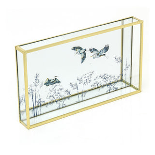Blue Heron Mirrored Metal Tray | Decorative Oriental Vanity Trinket Tray - 24cm