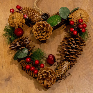 24cm Pinecone & Eucalyptus Heart Christmas Door Wreath | Red Berry Heart Shaped Christmas Wreath Decoration | Xmas Door Wreath Artificial Christmas Wreath