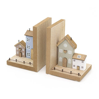 Pair of Shabby Chic Wooden Houses Bookends for Shelves | Set Of 2 Shelf Book End