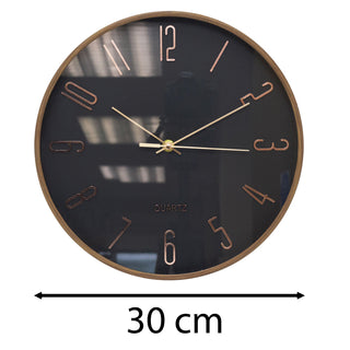 Black & Rose Gold Wall Clock, 30cm Round Wood Effect Quartz Wall Mounted Clock