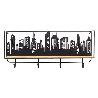 50cm City Skyline Wall Mounted Wooden Display Shelf With Hooks | Industrial Black Metal Storage Shelf | Urban Cityscape Wall Shelf
