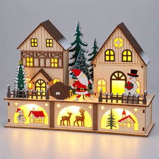LED Christmas Village Decoration, 27cm Wooden Light Up Houses with 6/18h Timer