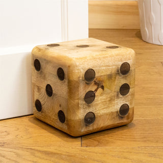 Mango Wood Dice Shaped Doorstop | Novelty Chunky Cube Wooden Door Stopper - 15cm