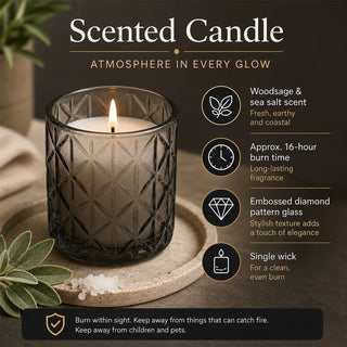 Woodsage & Sea Salt Scented Candle, 8cm Black Embossed Glass Jar, Single Wick