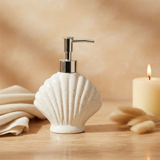 Shell Soap Dispenser 17.5cm White Speckled Ceramic Bathroom Pump 250ml Nautical