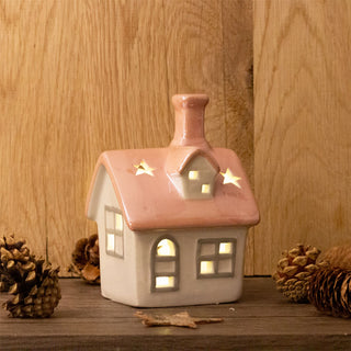 Christmas LED House Ornament | Pink Roof Ceramic LED House Light up Decoration