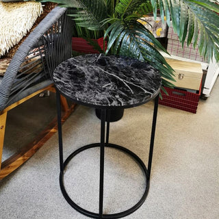 Set Of 2 Black Metal Side Tables Marble Effect Tops 2 Piece Round Nesting Tables