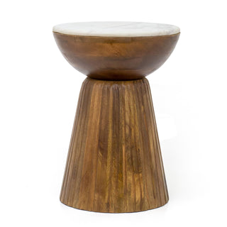 Mango Wood And Marble Side Table | White Marble And Wood Pedestal Table - 53cm