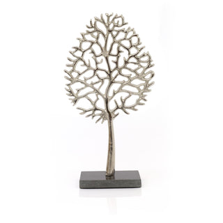 34cm Elegant Silver Tone Tree Of Life Sculpture | Silver Metal Tree Ornament On Marble Base | Silver Family Tree On Marble Stand Centerpiece