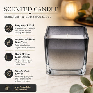 Bergamot and Oud Scented Candle, 10cm Black Ombre Glass Jar with Candle