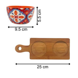 Tuscany Set of 2 Ceramic Snack Bowls with Wooden Paddle Serving Tray - 25cm