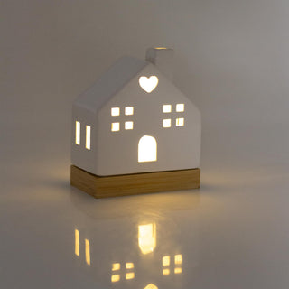 White Ceramic LED Christmas House Ornament On Bamboo Base | Light up Decoration