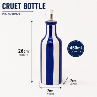 Striped Cruet Bottle, 26cm Ceramic Blue White Oil Pourer, 450ml Refillable Spout