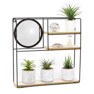 Black Industrial Style 3 Tier Wooden Shelves With Mirror | Double Shelf Rack Display Rack Organiser | Square Shelf Storage Unit