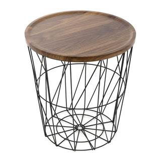Black Metal Storage Side Table with Wooden Lid | Round Wire Basket Table - 40cm