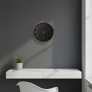 Black & Rose Gold Wall Clock, 30cm Round Wood Effect Quartz Wall Mounted Clock