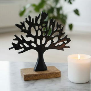 Black Tree of Life Ornament, 17cm Metal Family Tree Sculpture on Wood Base