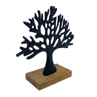 Black Tree of Life Ornament, 17cm Metal Family Tree Sculpture on Wood Base