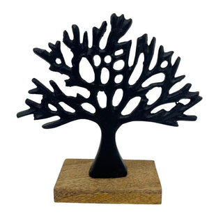 Black Tree of Life Ornament, 17cm Metal Family Tree Sculpture on Wood Base