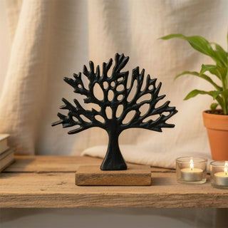 Black Tree of Life Ornament, 17cm Metal Family Tree Sculpture on Wood Base