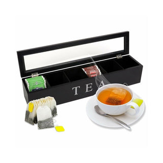 Black Wooden Tea Box | 6 Compartment Tea Bag Storage Organiser Box - 43cm
