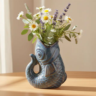 Blue Ceramic Fish Shaped Jug, 17cm Nautical Flower Vase Pitcher, Fish Ornament