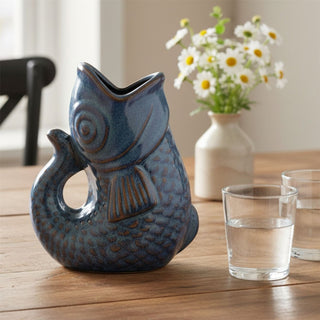 Blue Ceramic Fish Shaped Jug, 17cm Nautical Flower Vase Pitcher, Fish Ornament