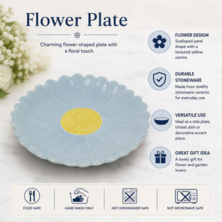 Blue Ceramic Flower Plate, 19.5cm Stoneware Floral Side Plate