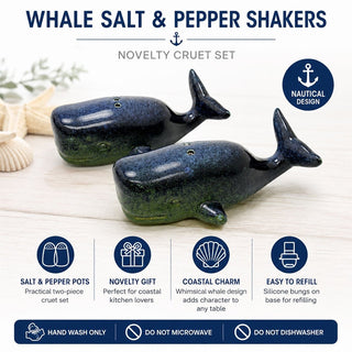 Blue Ceramic Whale Salt & Pepper Shakers, 11 cm Two-Piece Nautical Cruet Set
