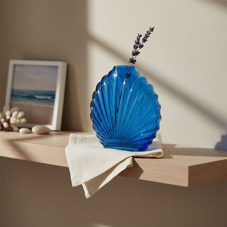 Blue Glass Seashell Vase, 14cm Small Decorative Coastal Shell Flower Vase