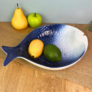 Blue Ombre Fish Dish | Large Ceramic Fish Platter for Seafood & Coastal Dining