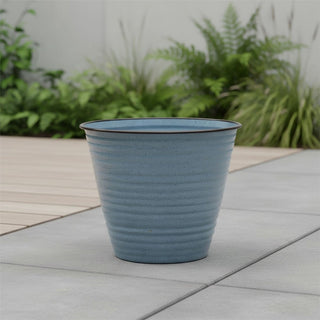 Blue Ribbed Metal Plant Pot, 26cm Round Outdoor Flower Pot, Planter for Garden