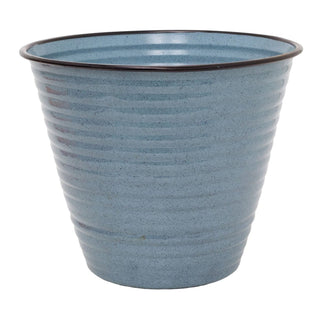 Blue Ribbed Metal Plant Pot, 26cm Round Outdoor Flower Pot, Planter for Garden