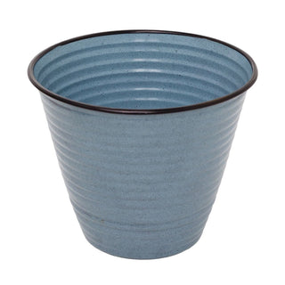 Blue Ribbed Metal Plant Pot, 26cm Round Outdoor Flower Pot, Planter for Garden