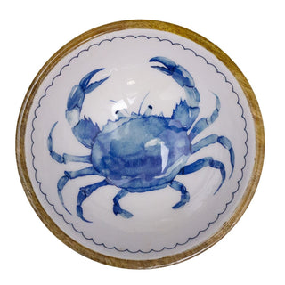 Blue Sealife Design Wooden Bowl | Wood and Enamel Nautical Bowl - 17cm