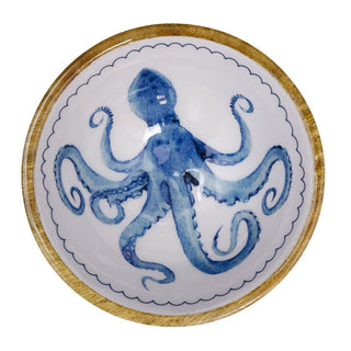 Blue Sealife Design Wooden Bowl | Wood and Enamel Nautical Bowl - 17cm