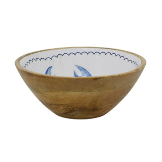 Blue Sealife Design Wooden Bowl | Wood and Enamel Nautical Bowl - 17cm