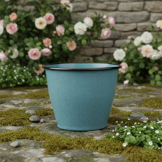 Blue Speckled Metal Plant Pot 17cm Round Reactive Glaze Effect Outdoor Garden Planter