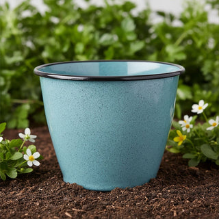 Blue Speckled Metal Plant Pot 17cm Round Reactive Glaze Effect Outdoor Garden Planter