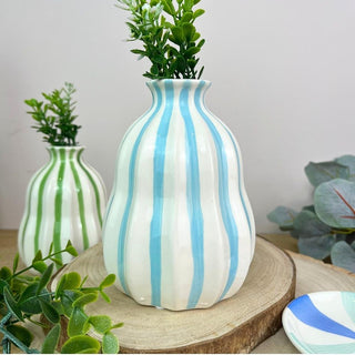 Blue Stripe Balloon Stoneware Vase, 13cm Decorative Ceramic Gourd Flower Vase