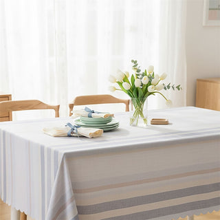 Blue Stripe Summer Tablecloth, 130x180cm Linen Look Fabric Dining Table Cloth
