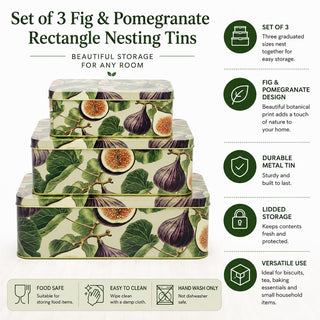 Botanical Set of 3 Fig & Pomegranate Rectangle Nesting Tins, 22 cm Storage Set