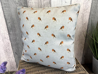 34cm Robin Redbreast Blue Scatter Cushion | Garden Bird Fabric Filled Sofa Cushion | Winter Bird Bed Throw Pillow With Cover