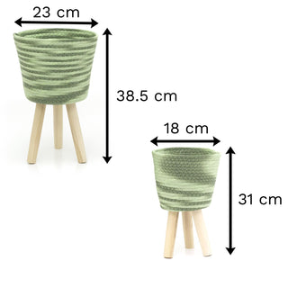 Set Of 2 Green Woven Basket Plant Pot | Indoor Planter With Legs | Flower Basket Cache Pots