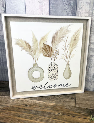 40cm White Wooden Welcome Sign House Plaque | Botanical Pampas Grass Large Decorative Welcome Plaque | Shabby Chic Home Accessories